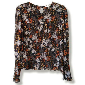 Women Black Floral Smocked Boho Top Blouse XL Cottage Feminine Romantic Whimsy